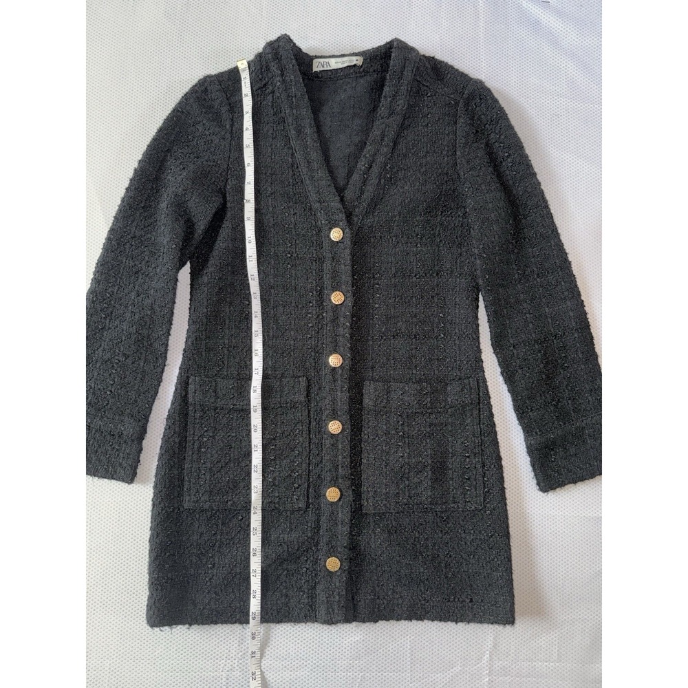Zara Black Gold Button Front Mini Jacket‎ Dress Size XS Textured Tweed Cardigan - Picture 8 of 10